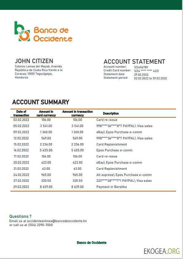 Modèle de relevé bancaire Honduras Banco de Occidente au format Word et PDF